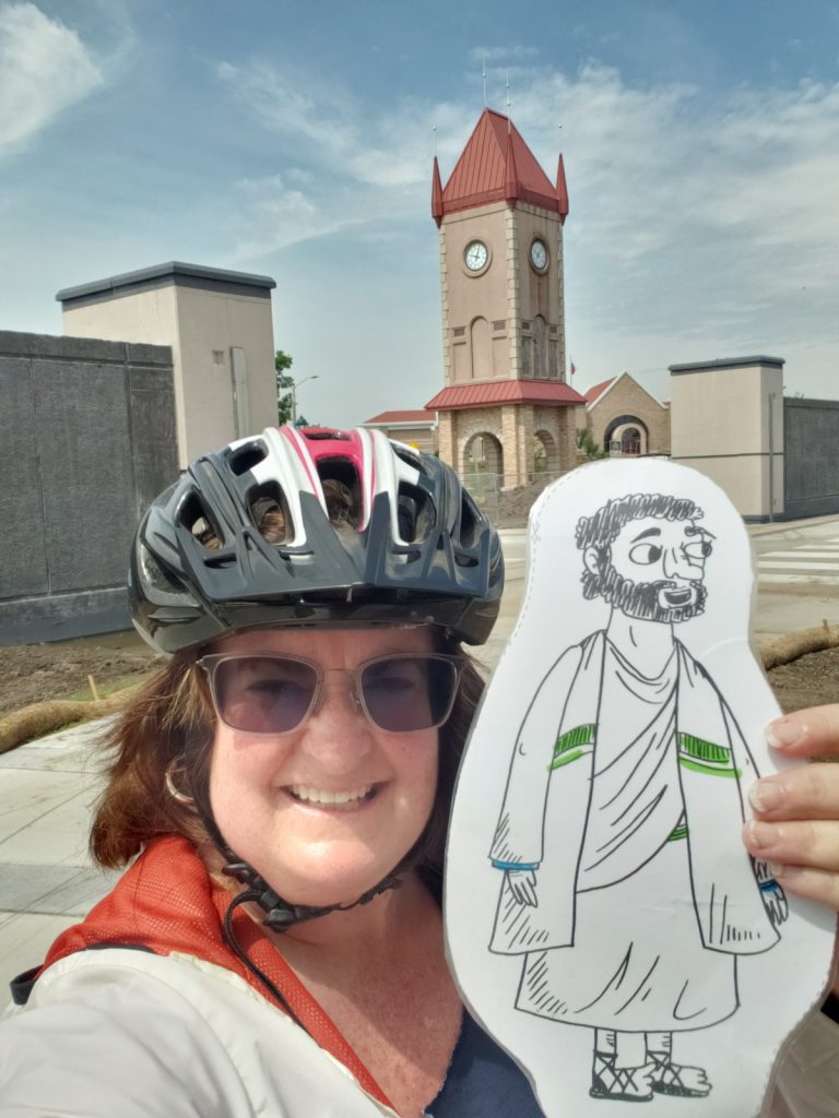 Flat Jesus biking in Cedar Rapids