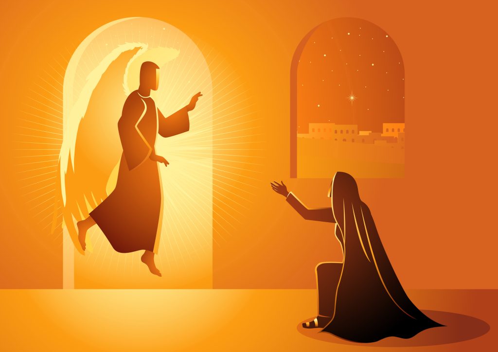 Biblical vector illustration series, Gabriel visits Mary also referred to as the Annunciation to the Blessed Virgin Mary